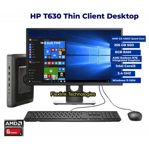 Hp T630 Thin Client Desktop + 19.5" LED Monitor &ndash; AMD GX-420GI, 8GB RAM, 256GB SSD, Wi-Fi, Keyboard & Mouse, Windows 11