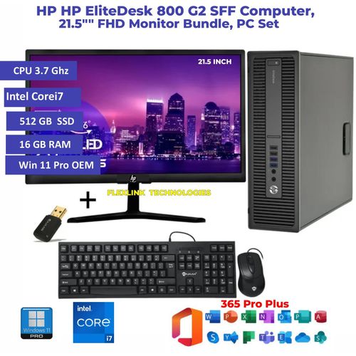 Hp EliteDesk 800 SFF + 21.5" FHD Monitor Bundle &ndash; Intel Core i7-16GB RAM, 512GB SSD, RGB , Wi-Fi, Windows 11 Pro OEM & Office 365 Pro