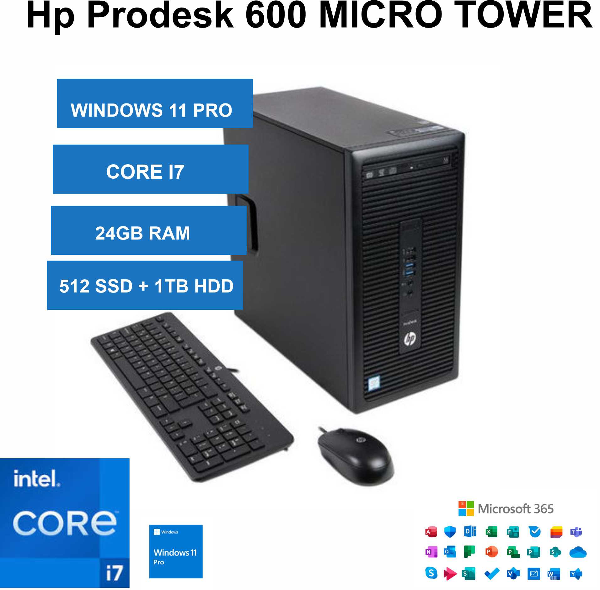 HP ProDesk 600 MT Intel Core i7, 24GB RAM, 512GB SSD + 1TB HDD, Windows 11 Desktop Tower