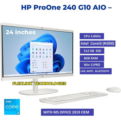 HP ProOne 240 G10 AIO &ndash; Intel Core i3-N300 (Up to 3.8GHz), 8GB RAM, 512GB SSD, 24" FHD Display, Windows 11 Pro Desktop Computer