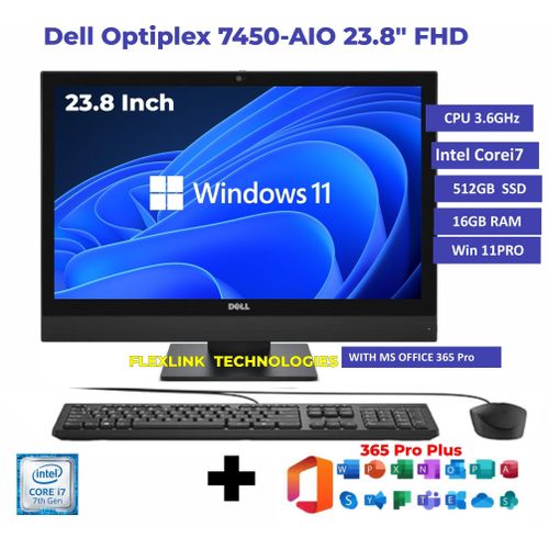 Dell OptiPlex 7450 All-in-One PC Intel Core i7, 16GB RAM, 256GB SSD, 23.8" FHD Display, Windows 11 Pro Desktop