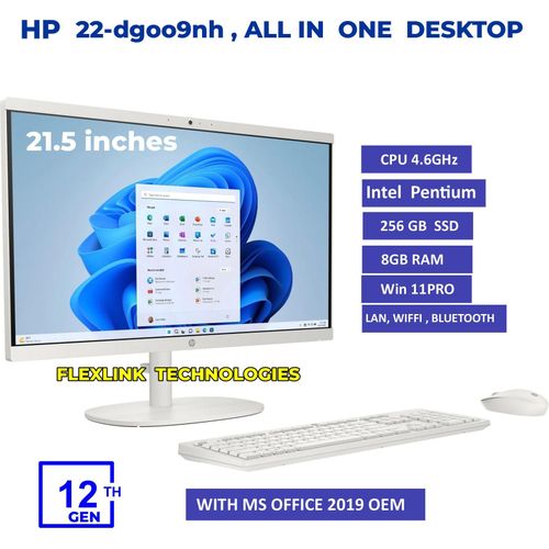 HP 22-dg009nh All-in-One Desktop, Intel Pentium N100, 8GB RAM, 256GB SSD, 21.5" FHD Display, Windows 11 Pro, Whit