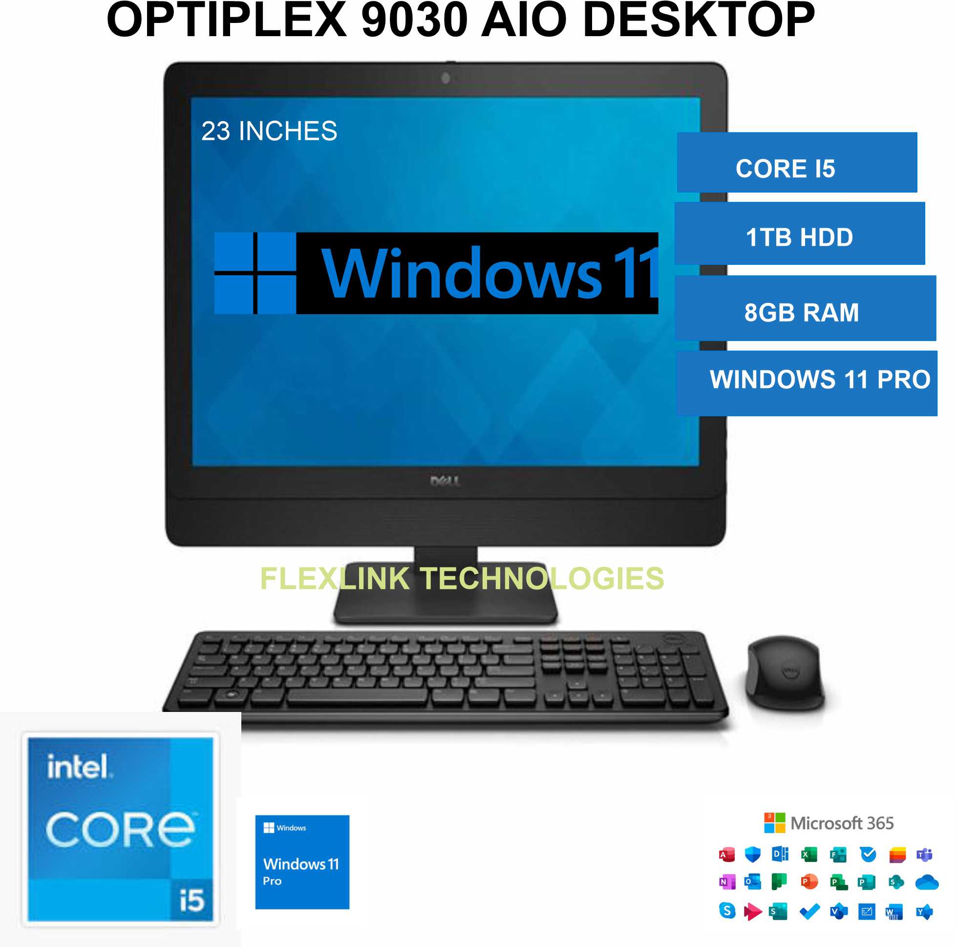 Dell OptiPlex 9030 All-in-One Desktop Core i5, 8GB RAM, 1TB HDD, 23" Display, Windows 11 Pro + MS Office 2016